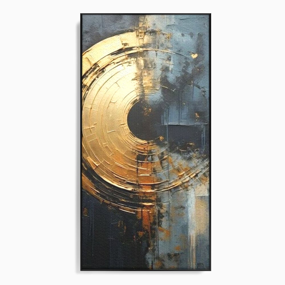 Tablou canvas cu tablou abstract cu cerc auriu, in rama de aluminiu negru